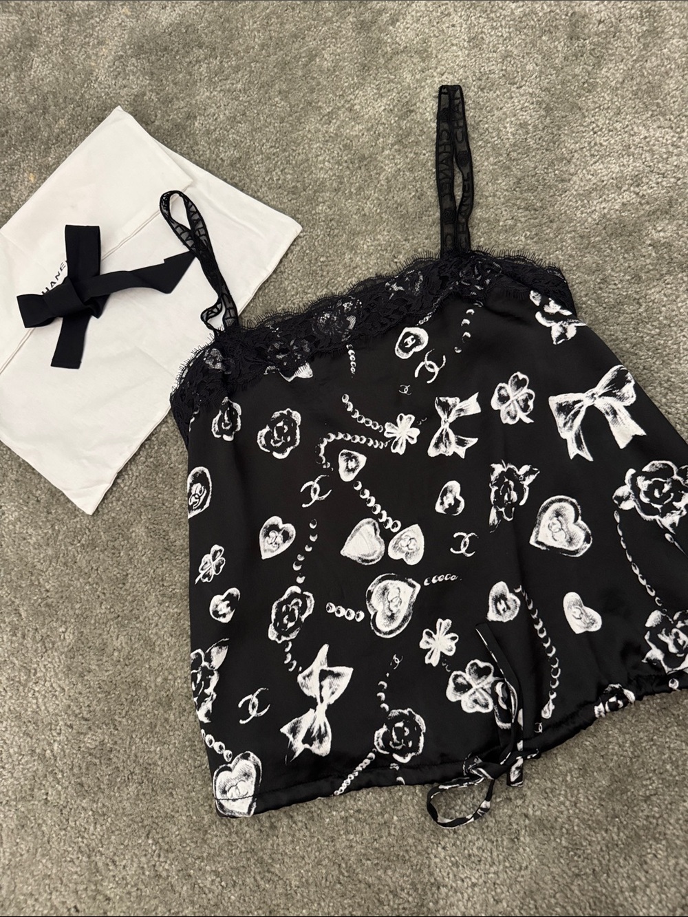 Silk Black Floral & Bow Print Lace-Trim Cami